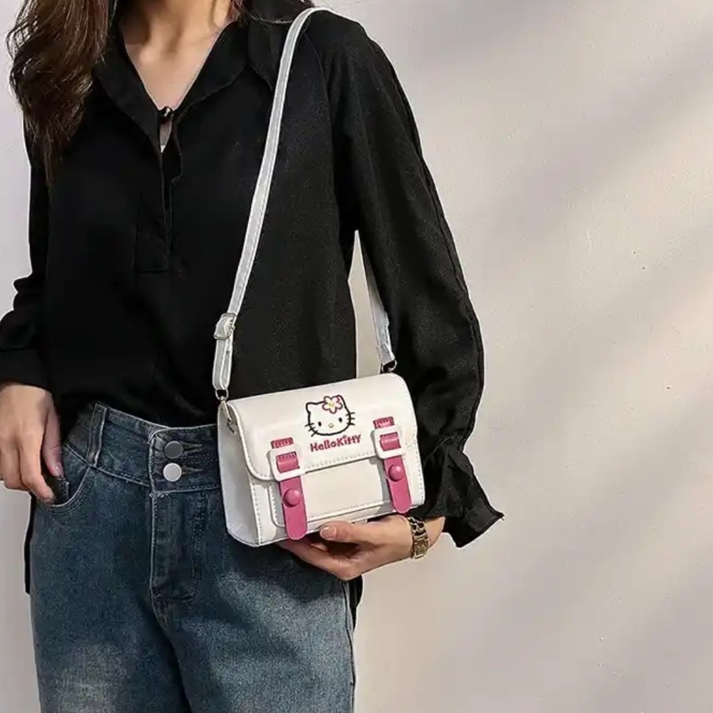 Y2K White & Pink Faux Leather Hello Kitty Crossbody Bag Purse